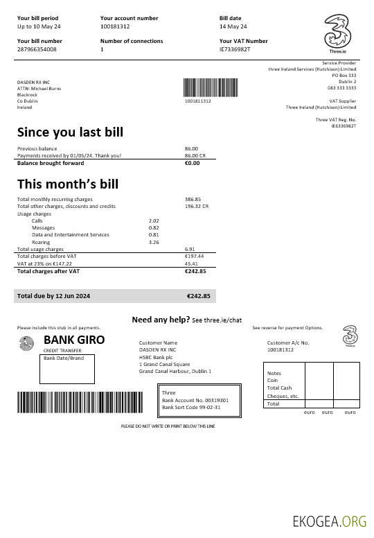 Modèle de facture de services publics d'entreprise Ireland Three.ie aux formats Word et PDF